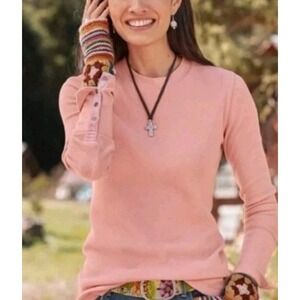 Sundance Dusty Pink Waffle Thermal Top L | Boho Velvet Button Cuff Long Sleeve
